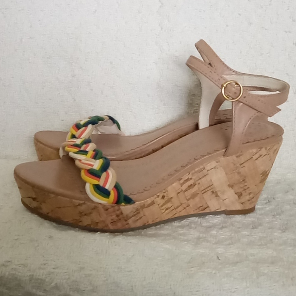 Jack Rogers USA Leather Strap Braided Cork Wedge Shoes 5M